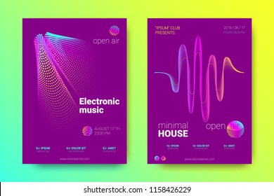 Electronic Music Party Poster with Colorful Equalizer. Abstract Wave Lines and Distortion of Circles. Gradient Equalizer Design. Vector Background for Night Sound Event. Modern Music Glowing Equalizer
