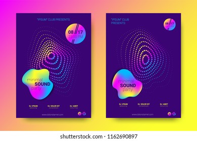 Electronic Music Party Poster with Colorful Equalizer. Vector Background for Night Sound Event. Gradient Distorted Equalizer Design. Abstract Wave Lines and Circles. Modern Music Glowing Equalizer.