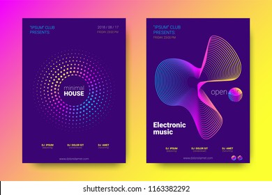 Electronic Music Party Poster with Colorful Equalizer. Vector Background for Night Sound Event. Gradient Distorted Equalizer Design. Abstract Wave Lines and Circles. Modern Music Glowing Equalizer.