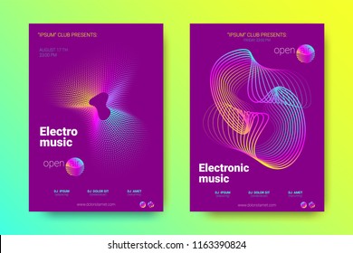 Electronic Music Party Poster with Colorful Equalizer. Abstract Wave Lines and Distortion of Circles. Gradient Equalizer Design. Vector Background for Night Sound Event. Modern Music Glowing Equalizer