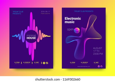 Electronic Music Party Poster with Colorful Equalizer. Vector Background for Night Sound Event. Gradient Distorted Equalizer Design. Abstract Wave Lines and Circles. Modern Music Glowing Equalizer.