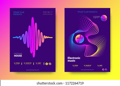 Electronic Music Party Poster with Colorful Equalizer. Vector Background for Night Sound Event. Gradient Distorted Equalizer Design. Abstract Wave Lines and Circles. Modern Music Glowing Equalizer.