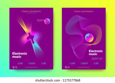 Electronic Music Party Poster with Colorful Equalizer. Abstract Wave Lines and Distortion of Circles. Gradient Equalizer Design. Vector Background for Night Sound Event. Modern Music Glowing Equalizer