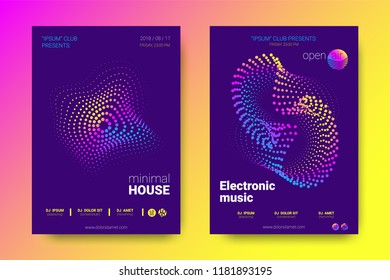 Electronic Music Party Poster with Colorful Equalizer. Vector Background for Night Sound Event. Gradient Distorted Equalizer Design. Abstract Wave Lines and Circles. Modern Music Glowing Equalizer.