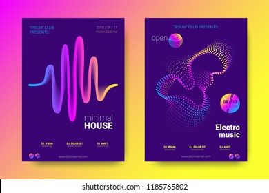 Electronic Music Party Poster with Colorful Equalizer. Vector Background for Night Sound Event. Gradient Distorted Equalizer Design. Abstract Wave Lines and Circles. Modern Music Glowing Equalizer.