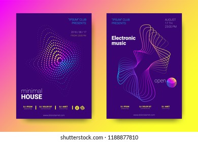 Electronic Music Party Poster with Colorful Equalizer. Vector Background for Night Sound Event. Gradient Distorted Equalizer Design. Abstract Wave Lines and Circles. Modern Music Glowing Equalizer.