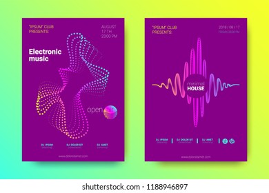 Electronic Music Party Poster with Colorful Equalizer. Abstract Wave Lines and Distortion of Circles. Gradient Equalizer Design. Vector Background for Night Sound Event. Modern Music Glowing Equalizer