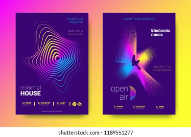 Electronic Music Party Poster with Colorful Equalizer. Vector Background for Night Sound Event. Gradient Distorted Equalizer Design. Abstract Wave Lines and Circles. Modern Music Glowing Equalizer.