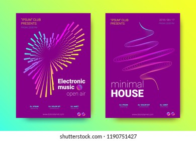 Electronic Music Party Poster with Colorful Equalizer. Abstract Wave Lines and Distortion of Circles. Gradient Equalizer Design. Vector Background for Night Sound Event. Modern Music Glowing Equalizer