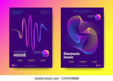 Electronic Music Party Poster with Colorful Equalizer. Vector Background for Night Sound Event. Gradient Distorted Equalizer Design. Abstract Wave Lines and Circles. Modern Music Glowing Equalizer.