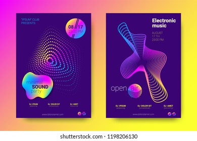 Electronic Music Party Poster with Colorful Equalizer. Vector Background for Night Sound Event. Gradient Distorted Amplitude Design. Abstract Wave Lines and Circles. Modern Music Glowing Equalizer.