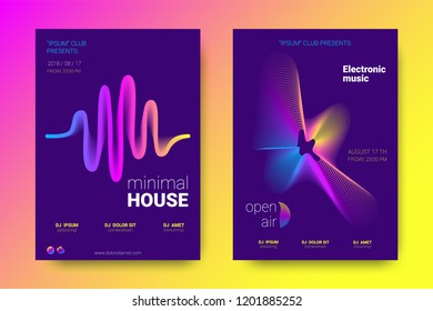 Electronic Music Party Poster with Colorful Equalizer. Vector Background for Night Sound Event. Gradient Distorted Amplitude Design. Abstract Wave Lines and Circles. Modern Music Glowing Equalizer.
