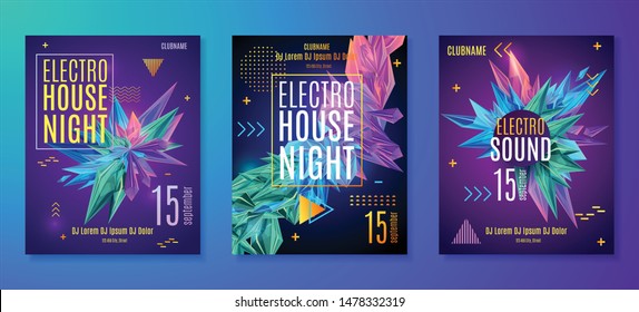 Electronic Music Party Poster. Electro House Club Fest Flyer. Colorful Faceted Crystals. Vector Abstract Music Sound Background.