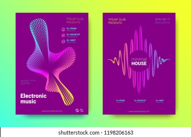 Electronic Music Party Poster with Gradient Dotted Lines. Abstract Wave and Distortion of Circles. Vector Background for Night Sound Event. Modern Music Glowing Equalizer