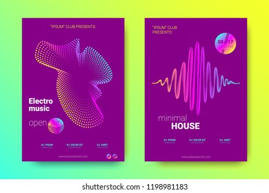 Electronic Music Party Poster with Gradient Dotted Lines. Abstract Wave and Distortion of Circles. Vector Background for Night Sound Event. Modern Music Glowing Equalizer