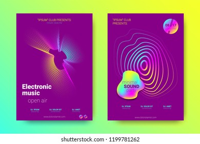 Electronic Music Party Poster with Gradient Dotted Lines. Abstract Wave and Distortion of Circles. Vector Background for Night Sound Event. Modern Music Glowing Equalizer