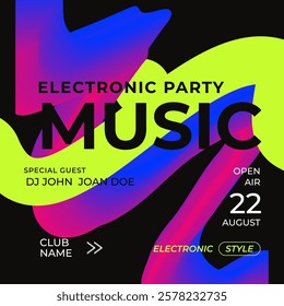 Electronic music party poster with vibrant neon colors, and abstract fluid shapes on black background. Modern club event flyer design