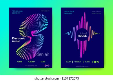 Electronic Music Party Posters. Abstract Vector Background. Colorful Wave Lines and Gradient Equalizer. Night Party Flyer Design. Abstract Distorted Rounds. Modern Music Covers for Minimal Sound Party