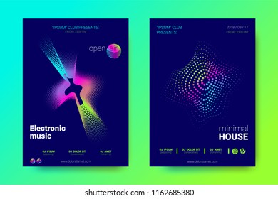 Electronic Music Party Posters. Abstract Vector Background. Colorful Wave Lines and Gradient Equalizer. Night Party Flyer Design. Abstract Distorted Rounds. Modern Music Covers for Minimal Sound Party