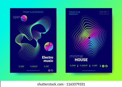 Electronic Music Party Posters. Abstract Vector Background. Colorful Wave Lines and Gradient Equalizer. Night Party Flyer Design. Abstract Distorted Rounds. Modern Music Covers for Minimal Sound Party