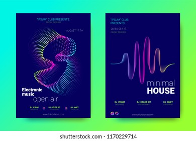 Electronic Music Party Posters. Abstract Vector Background. Colorful Wave Lines and Gradient Equalizer. Night Party Flyer Design. Abstract Distorted Rounds. Modern Music Covers for Minimal Sound Party