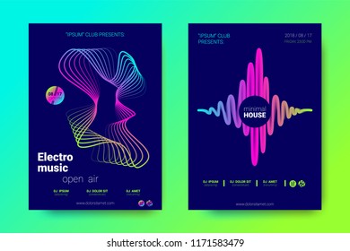 Electronic Music Party Posters. Abstract Vector Background. Colorful Wave Lines and Gradient Equalizer. Night Party Flyer Design. Abstract Distorted Rounds. Modern Music Covers for Minimal Sound Party