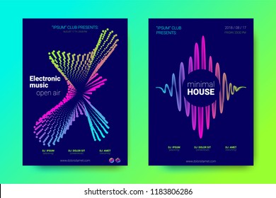 Electronic Music Party Posters. Abstract Vector Background. Colorful Wave Lines and Gradient Equalizer. Night Party Flyer Design. Abstract Distorted Rounds. Modern Music Covers for Minimal Sound Party