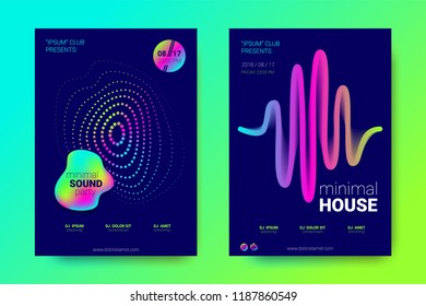 Electronic Music Party Posters. Abstract Vector Background. Colorful Wave Lines and Gradient Equalizer. Night Party Flyer Design. Abstract Distorted Rounds. Modern Music Covers for Minimal Sound Party