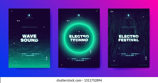 Electronic Music Poster, 3d Neon Round, Distorted Wave Lines. Dj Party Flyer Design with Movement and Illusion Effect. Electronic Sound Festival Promotion. Technology Futuristic Banner, Electro Event.