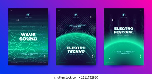 Electronic Music Poster, 3d Neon Round, Distorted Wave Lines. Dj Party Flyer Design with Movement and Illusion Effect. Electronic Sound Festival Promotion. Technology Futuristic Banner, Electro Event.