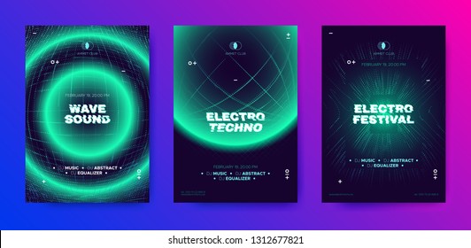 Electronic Music Poster, 3d Neon Round, Distorted Wave Lines. Dj Party Flyer Design with Movement and Illusion Effect. Electronic Sound Festival Promotion. Technology Futuristic Banner, Electro Event.