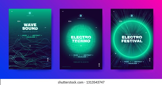 Electronic Music Poster, 3d Neon Round, Distorted Wave Lines. Dj Party Flyer Design with Movement and Illusion Effect. Electronic Sound Festival Promotion. Technology Futuristic Banner, Electro Event.