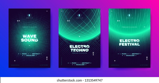 Electronic Music Poster, 3d Neon Round, Distorted Wave Lines. Dj Party Flyer Design With Movement And Illusion Effect. Electronic Sound Festival Promotion. Technology Futuristic Banner, Electro Event.