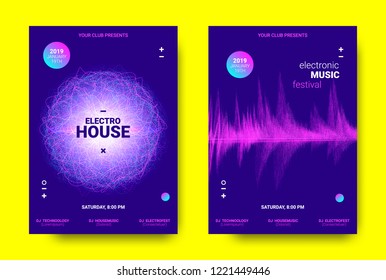 Electronic Music Poster. Sound Equalizer Vector Design. Amplitude of Wave Lines. Futuristic Flyer for Electronic Music Event with Glow Effect. Sound Movement Concept. Electronic Festival Promotion.