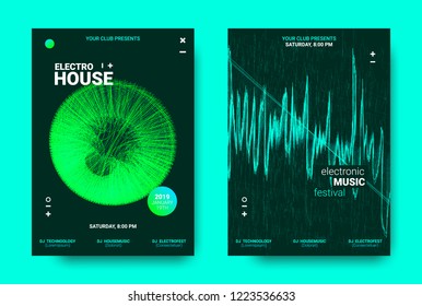 Electronic Music Poster. Sound Equalizer Vector Design. Amplitude of Wave Lines. Futuristic Flyer for Electronic Dance Event with Glow Effect. Sound Movement Concept. Electronic Festival Promotion.