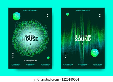 Electronic Music Poster. Sound Equalizer Vector Design. Amplitude of Wave Lines. Futuristic Flyer for Electronic Dance Event with Glow Effect. Sound Movement Concept. Electronic Festival Promotion.