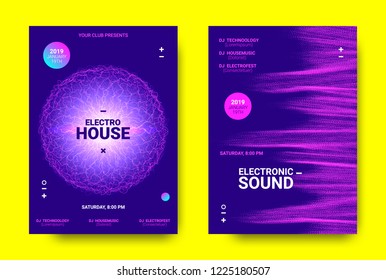 Electronic Music Poster. Sound Equalizer Vector Design. Amplitude of Wave Lines. Futuristic Flyer for Electronic Music Event with Glow Effect. Sound Movement Concept. Electronic Festival Promotion.