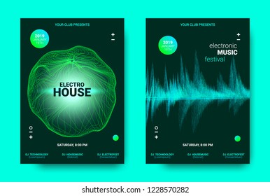 Electronic Music Poster. Sound Equalizer Vector Design. Amplitude of Wave Lines. Futuristic Flyer for Electronic Dance Event with Glow Effect. Sound Movement Concept. Electronic Festival Promotion.
