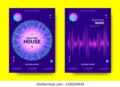 Electronic Music Poster. Sound Equalizer Vector Design. Amplitude of Wave Lines. Futuristic Flyer for Electronic Music Event with Glow Effect. Sound Movement Concept. Electronic Festival Promotion.