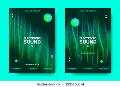 Electronic Music Poster. Sound Equalizer Vector Design. Amplitude of Wave Lines. Futuristic Flyer for Electronic Dance Event with Glow Effect. Sound Movement Concept. Electronic Festival Promotion.