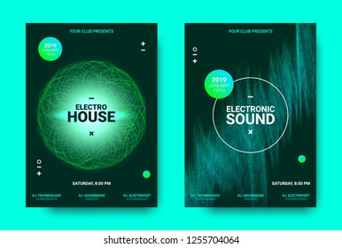 Electronic Music Poster. Sound Equalizer Vector Design. Amplitude of Wave Lines. Futuristic Flyer for Electronic Dance Event with Glow Effect. Sound Movement Concept. Electronic Festival Promotion.