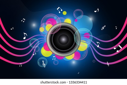 Electronic music poster vector. Tape recorder. The sound of music and sheet music. Bubble.