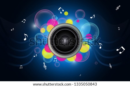 Electronic music poster vector. Tape recorder. The sound of music and sheet music. Bubble.