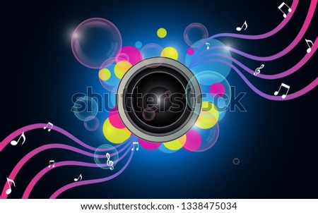 Electronic music poster vector. Tape recorder. The sound of music and sheet music. Bubble.