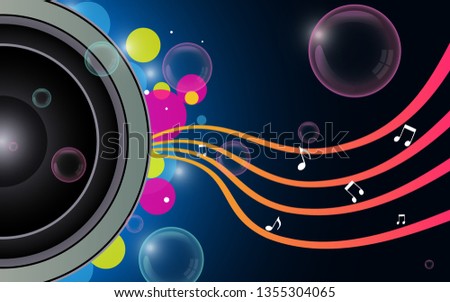 Electronic music poster vector. Tape recorder. The sound of music and sheet music. Bubble.