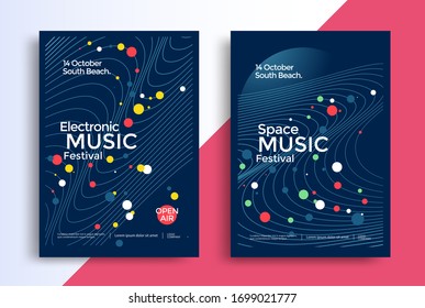 Electronic Music posters design. Sound flyer with abstract line waves and color circles. Minimal cover for Spacesynth musical genre.