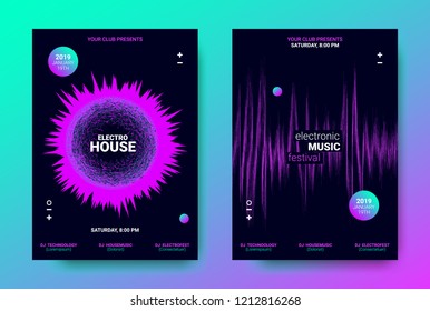 Electronic Music Posters. Trance Music Festival Promotion. Vector Wave Sound Amplitude Design. Abstract Sound Poster for Dj Performance. Equalizer of Distorted Dotted Lines. Movement of Waves Poster.