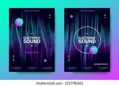 Electronic Music Posters. Trance Music Festival Promotion. Vector Wave Sound Amplitude Design. Abstract Sound Poster for Dj Performance. Equalizer of Distorted Dotted Lines. Movement of Waves Poster.