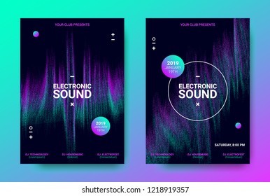 Electronic Music Posters. Trance Music Festival Promotion. Vector Wave Sound Amplitude Design. Abstract Sound Poster for Dj Performance. Equalizer of Distorted Dotted Lines. Movement of Waves Poster.