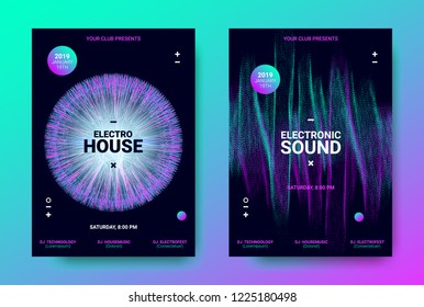 Electronic Music Posters. Trance Music Festival Promotion. Vector Wave Sound Amplitude Design. Abstract Sound Poster for Dj Performance. Equalizer of Distorted Dotted Lines. Movement of Waves Poster.